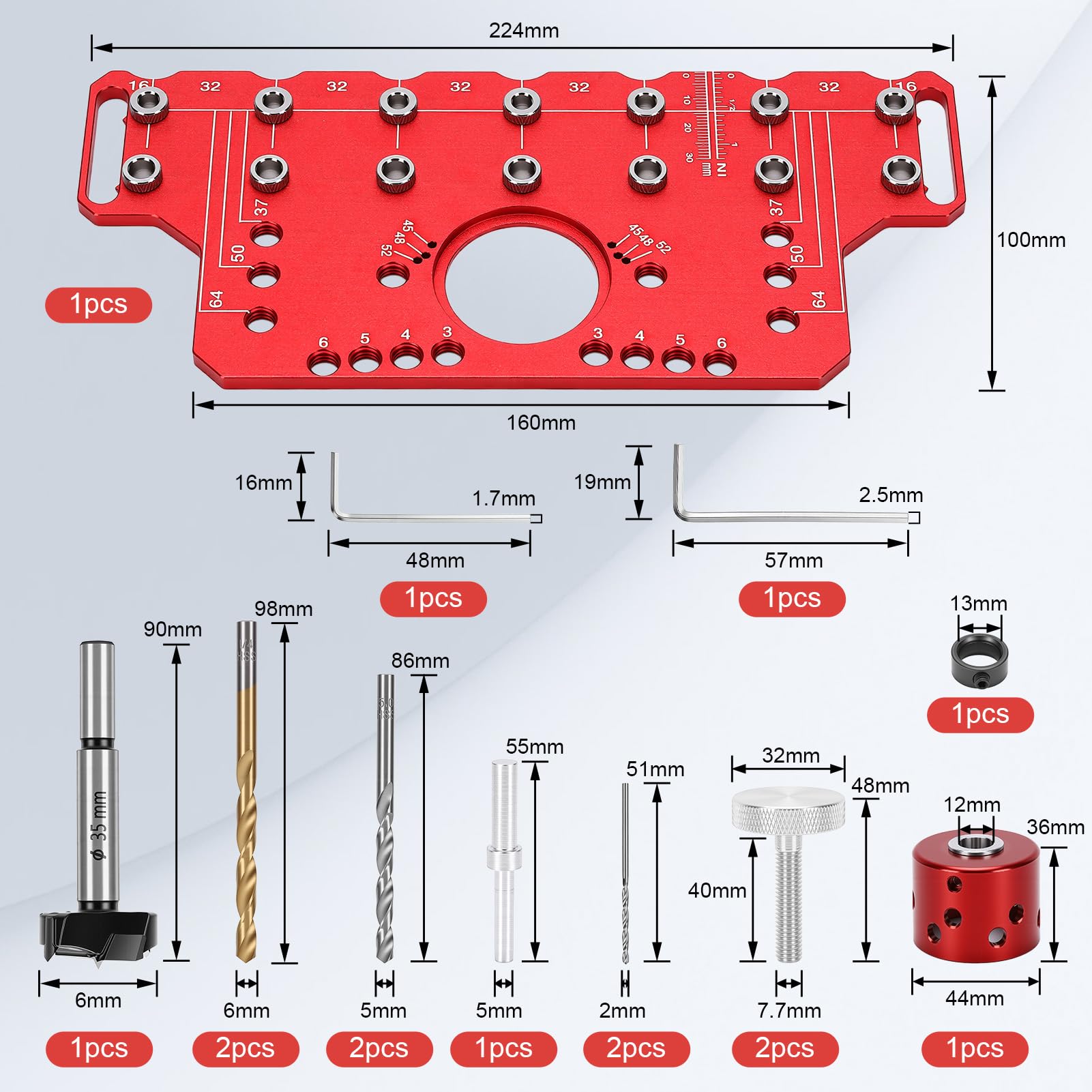 Bohrschablone für Regalstifte, Regalstiftvorrichtung Aluminiumlegierung Schrankbeschläge Schablone Bohrführung mit 5mm 6.25mm Bohrlehre für Holzbearbeitung, Standard-Lochabstand 32mm (Kurz)