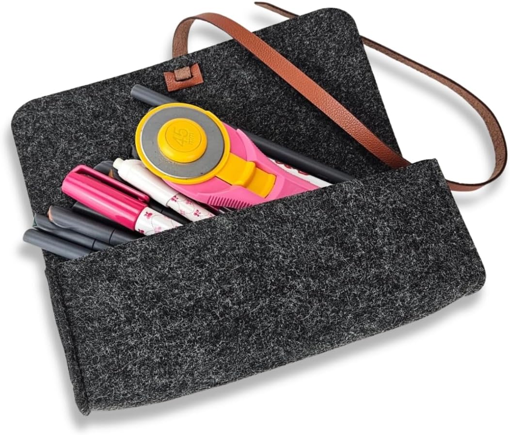 meori Felt Pencil Pouch with Artistic Vegan Leather Closure, Stylish Modern Design Durable (Anthrazite Grey, 1 Pack)