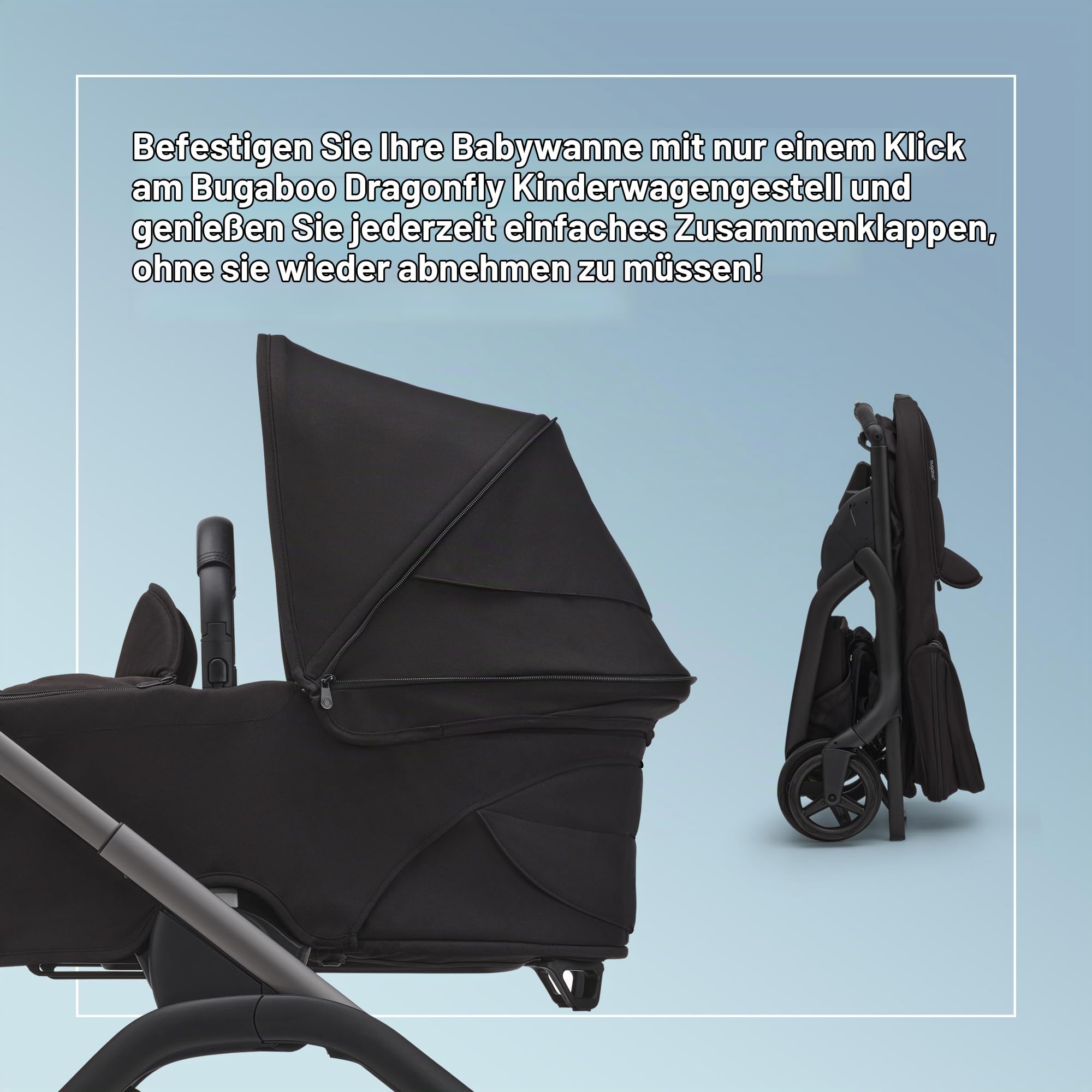 Bugaboo Dragonfly Liegewanne mit Lüftungsfenstern, einhändig faltbar in jeder Position, kompatibel mit dem Bugaboo Dragonfly City-Kinderwagen, Midnight Black