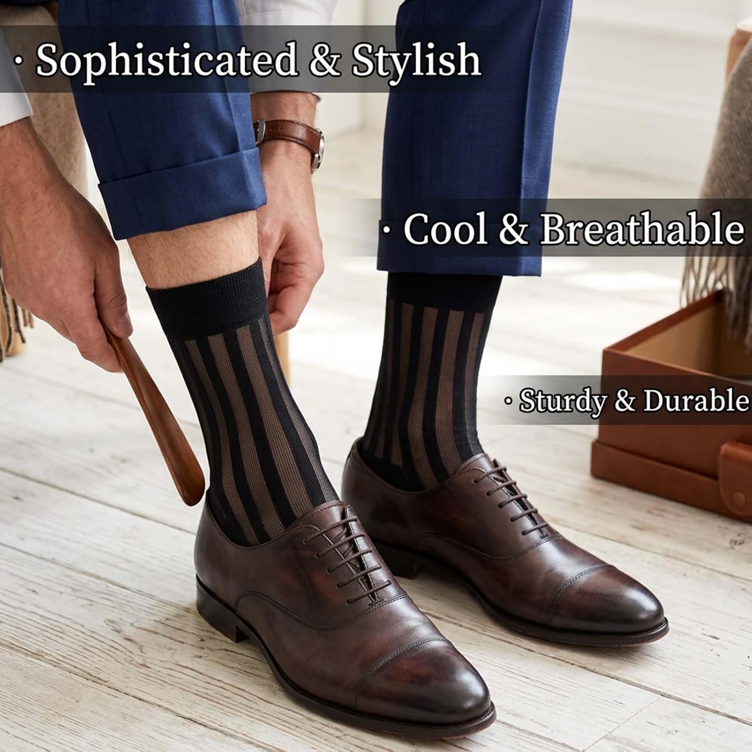 Mabor Silk Socks Men, Thin Dress Striped Sheer Socks Black (1 Pair) | Silk Male Stockings, Breathable Hosiery for Business Formal Suit Accent