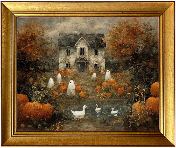 Gold Framed Ghosts Wall Art Vintage Haunted Mansion Halloween Print Painting Fall Decor Autumn Landscape Pumpkin Artwork Rustic Farmhouse Picture Wall Decor