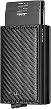 VULKIT Pocket Wallet Card Holder Men Carbon Fiber Leather with Aluminium Case RFID Blocking Card Holder Minimalist with 3 Slots for Cards and Bills