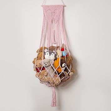 Amdermi Stuffed Animal Net or Hammock Corner or Wall Hanging Net for Plush Toy Storage Boho Macrame Toy Display Nursery Bedroom Decor Stuffy Animal Toy Organizer Pink
