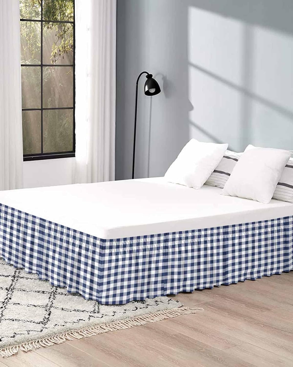 Navy Blue White Plaid Bed Skirt Cal King Size 16 Inch Drop, Adjustable Elastic Bedskirt Dust Ruffle for Cal King Bed, Farmhouse Checkered Buffalo Wrap Around Bed Skirts Pleated Bed Frame Cover