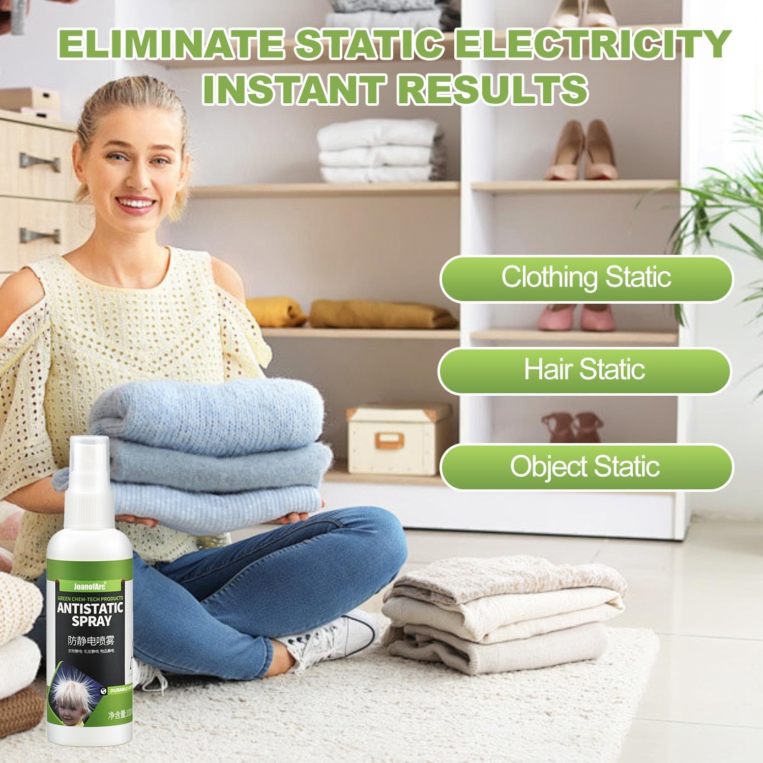 Anti-Static Spray Cling Free Static Guard Spray, Instantly Eliminate Static Cling, Shocks, Flyaways, All-Natural Formula, Long-Lasting All-Day Freshness, Suitable for Clothes & Hair (100mL)