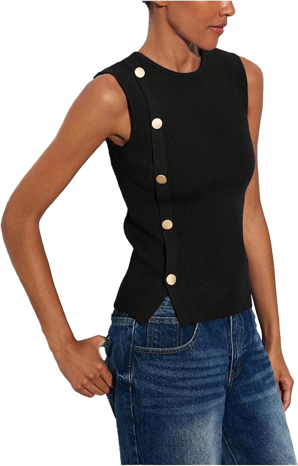 SOLY HUX Women's Sleeveless Sweater Vest Crew Neck Metal Button Slim Fitted Knit Tops