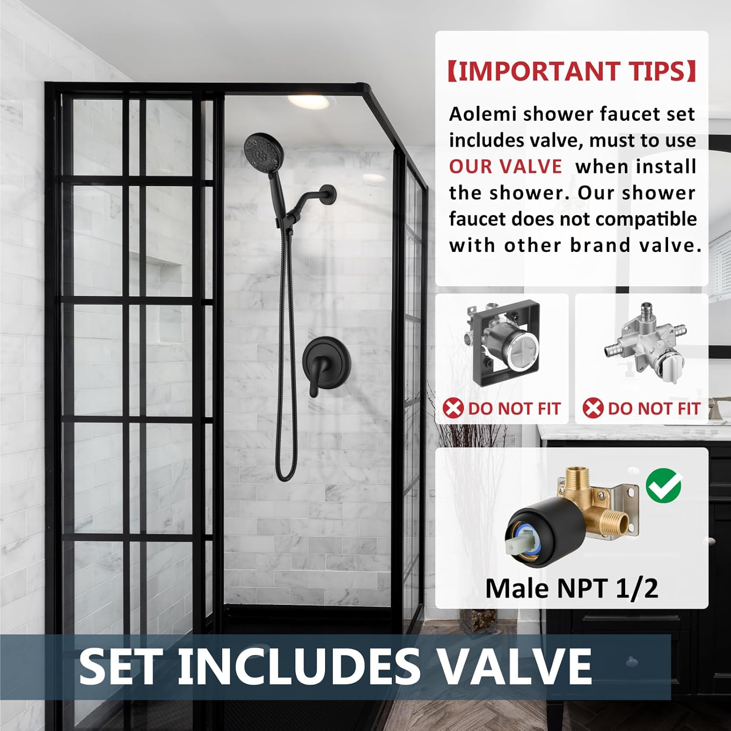 Aolemi Shower Faucet Set Rain Shower Head System Shower Trim Kit Pressure Rough-in Valve Included ABS 8 Setting Single Handheld Spray Matte Black