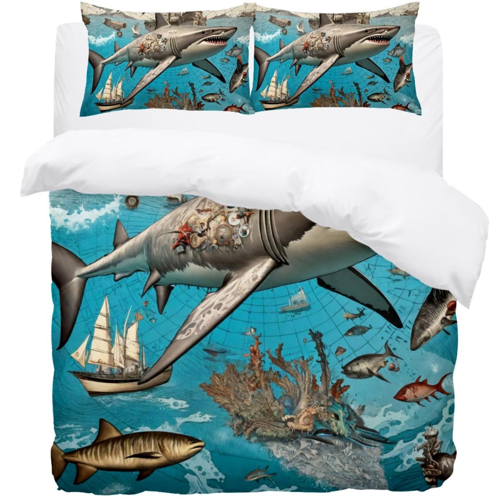EslifeyShark Fish Vintage Bedding King Duvet Set - Soft Microfibre Duvet Cover with 2 Pillow Cases - Bedding Quilt Cover Set