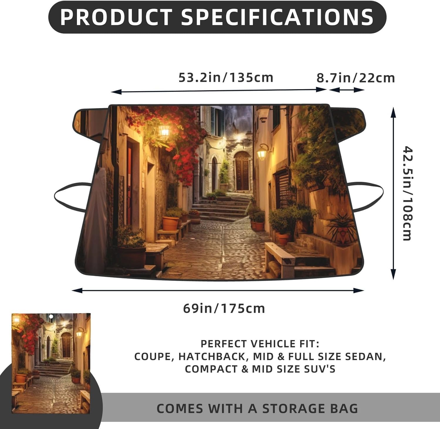 Italian Old Street Print Car Cover for Snow All-Season Windshield Cover with Elastic Strap Fits Most Cars and Trucks