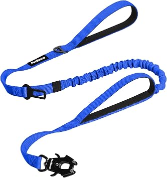 PetBonus Heavy Duty Tactical Dog Leash, 5 FT Bungee Shock Absorption Leash with 2 Padded Handles, Quick Release Metal Clip, Car Seatbelt, No Pull Training Lead for Large Medium DogsBlue