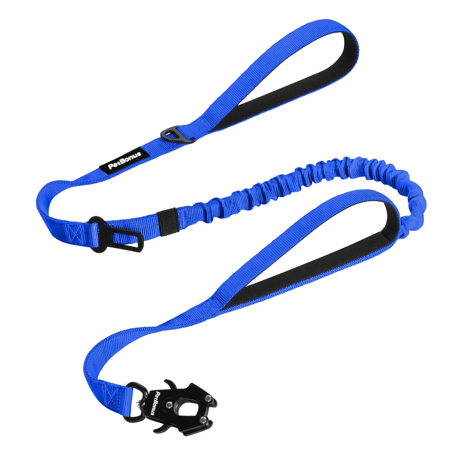 PetBonus Heavy Duty Tactical Dog Lead, 150 cm Bungee Shock Absorption Lead with 2 Padded Handles, Quick Release Metal Clip, Car Seatbelt, No Pull Training Leash for Large Medium Dogs（Blue）