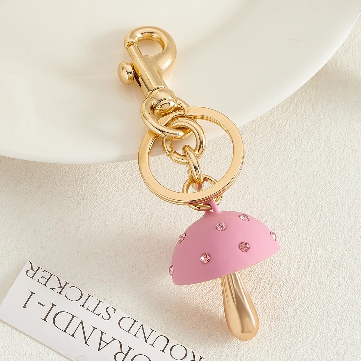 Mushroom Bag Charm Keychain with Smaller Crystals Cute Purse Accessory for Women - Image 2