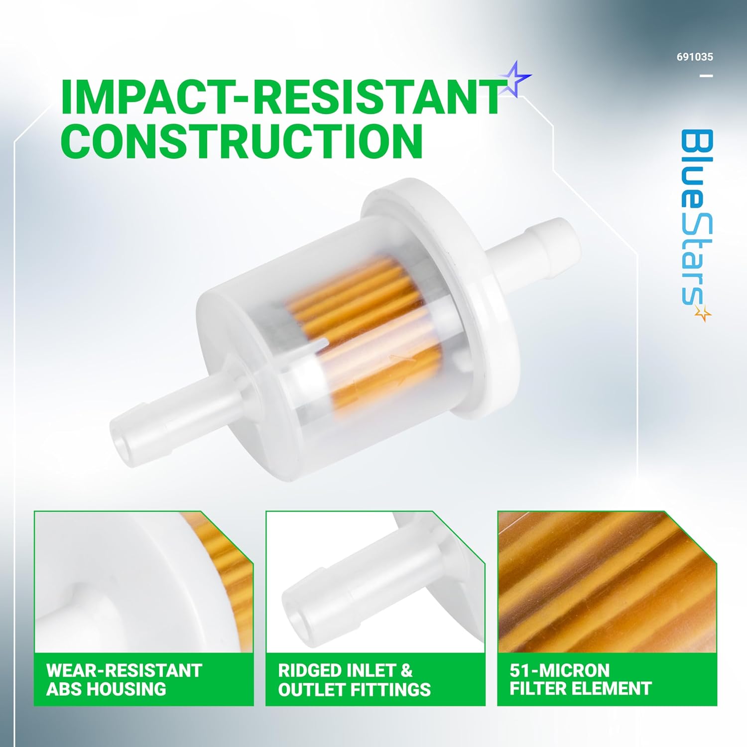 BlueStars 40 Micron 1/4 Inline Fuel Filter 691035 493629 - Compatible with Kawasaki 49019-7001 49019-0014 H430V FH451V FH500V 84001895 Toro Craftsman MTD Kawasaki Snapper Lawn Mower Tractor Generator