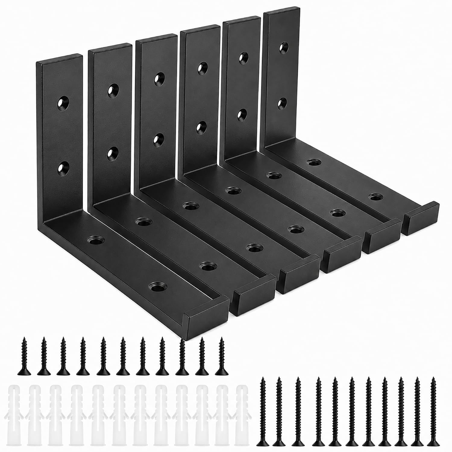 Heavy Duty Shelf Brackets 152mm – 6 Pack – 5mm Thick Carbon Steel – Industrial Black – 50 kg Load Capacity – Floating/Wall Mounted Support for Scaffold Board and DIY Floating Shelf, 152 × 40 × 101 mm
