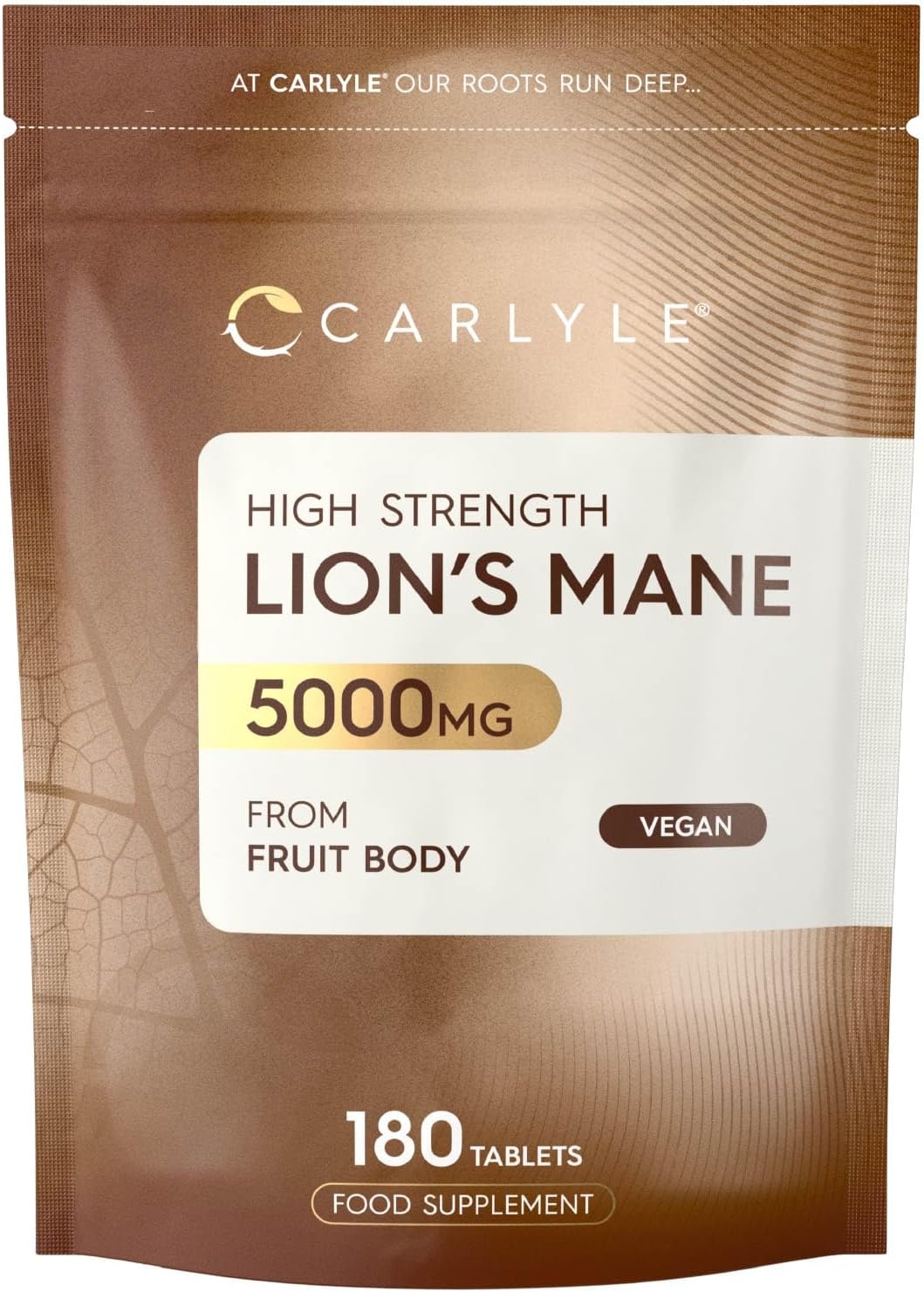 Lions Mane Supplement 5000mg | High Strength Lions Mane Supplement | from Fruit Body | 180 Vegan Tablets | Mushroom Extract | by Carlyle