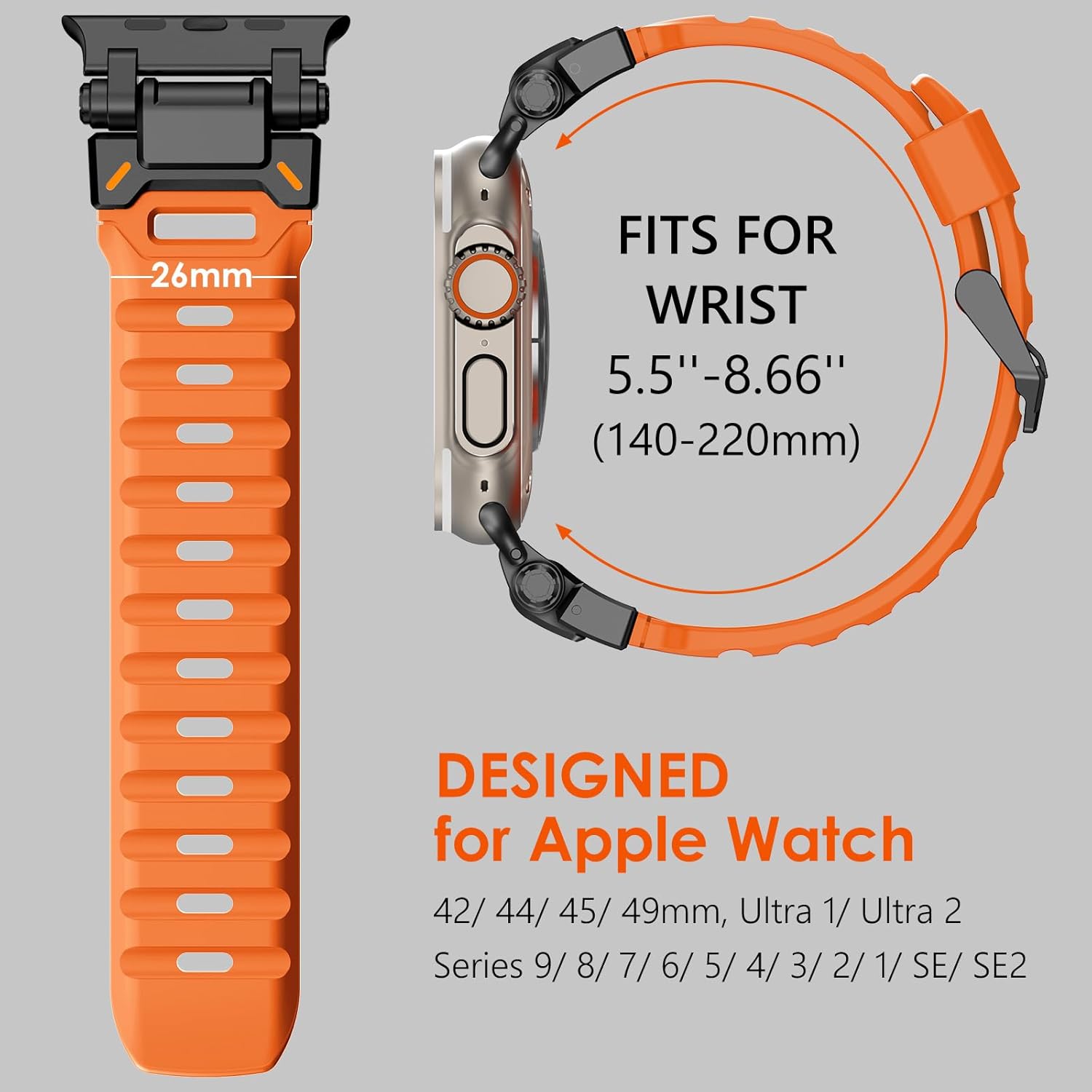 WINGLE FKM Rubber Bands for Apple Watch Band Ultra 3/2/1 Band Ultra 49mm Series 11 10 46mm 45mm 44mm 42mm SE 3/2/1 9 8 7 6 5 4 3 Men, Military Rugged Metal Connector Silicone iWatch Sport Bands,Orange - Image 5