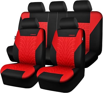 CAR PASS Car Seat Covers Full Sets, Front & Split Rear Bench for Car, 3D Tyre Embossed Automotive Interior Covers, Airbag Compatible, Quick Setup Universal Fit Seat Covers for Car, SUVBlack Red