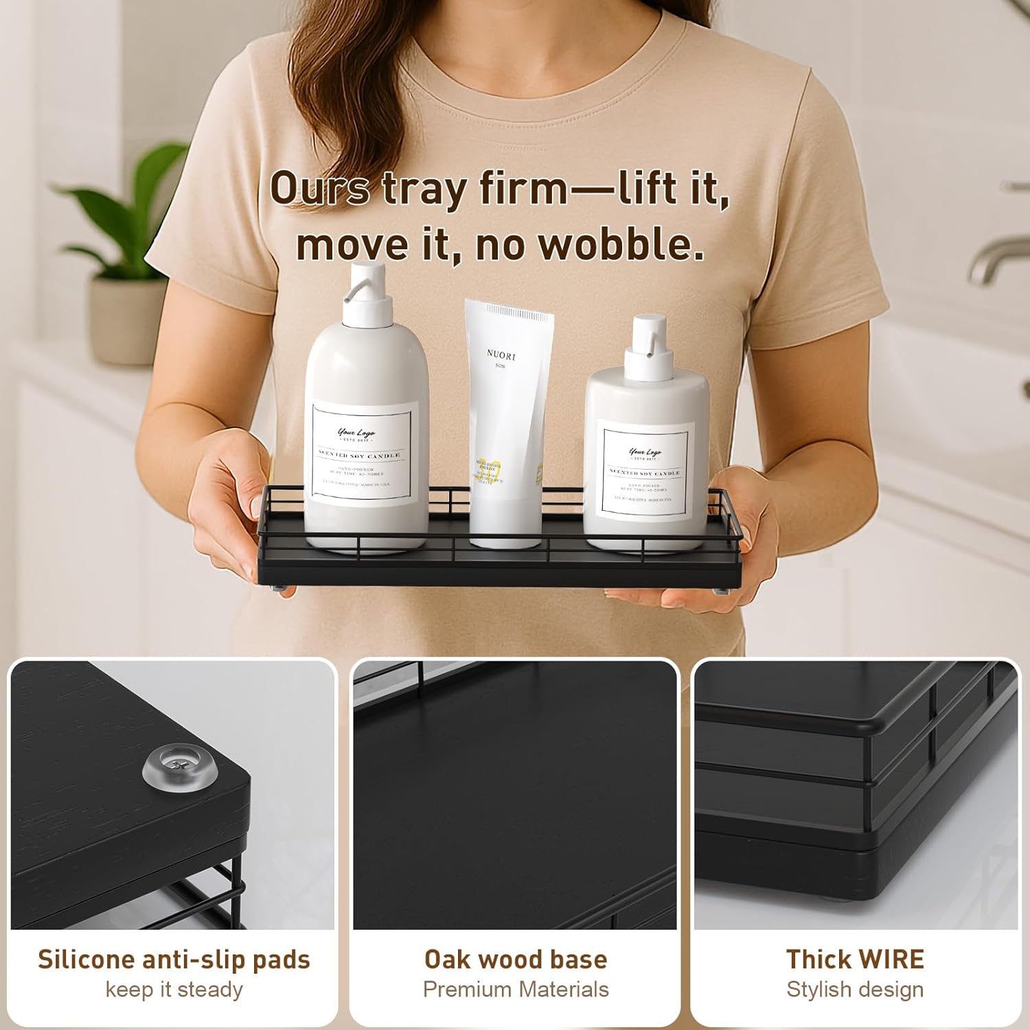 Bathroom Tray for Counter Top Organizer – Oak Wood Vanity Tray with Metal Frame for Dresser, Kitchen, Nightstand – Black Decorative Storage - Image 5