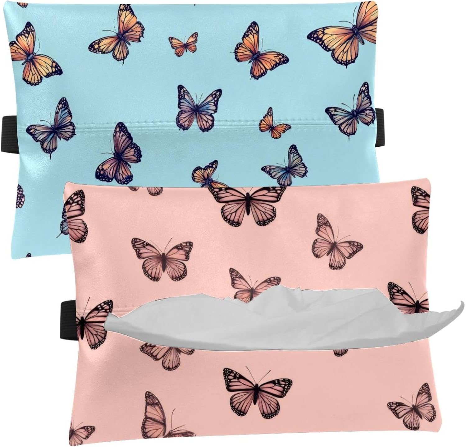 2 Pieces Tissues Purse Pocket Car Tissue Box Holder, Reusable Travel Car Visor Tissue Pouch Zipper Tissue Case for Vehicle Paper Storage (Blue Background Butterflies)