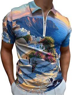 Santorini Greece Men's Polo Shirts Quarter Zip Collared Short Sleeve Tee Top Casual Golf Shirt