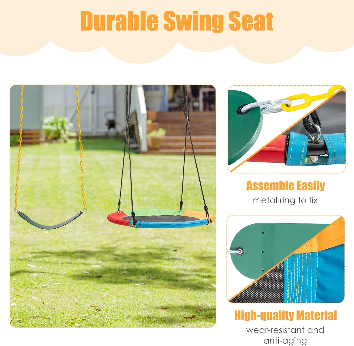 INFANS 2 Seat Swing Set, Kids Toddler Toy Adjustable Saucer Swing and Heavy Duty Belt Swing Seat for Indoor Outdoor Activity, Play Set for Children Adults at Backyard Playground