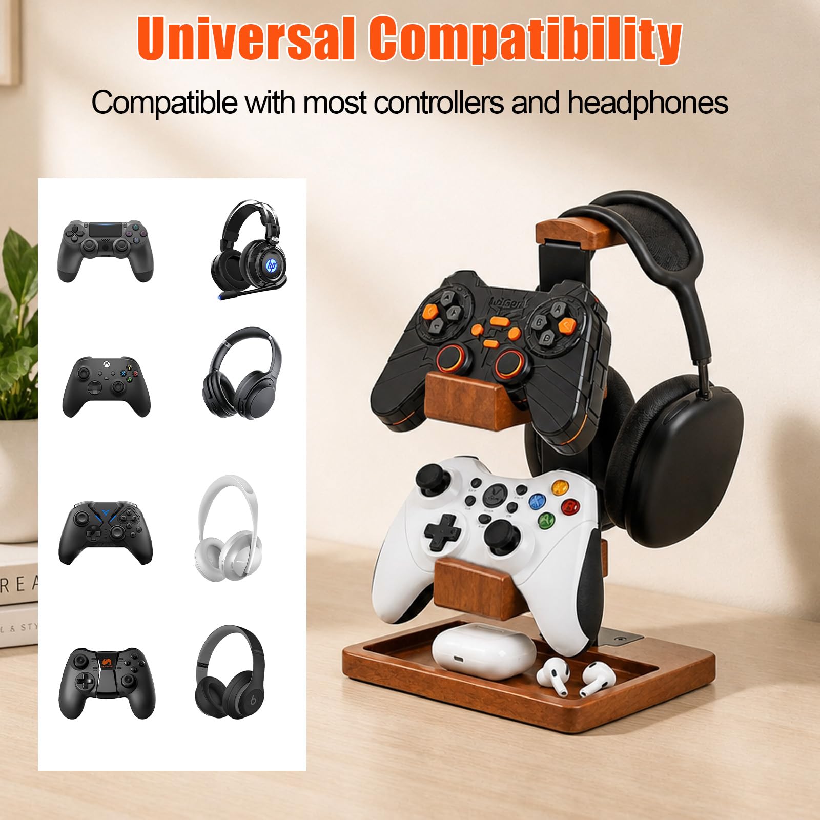 Controller Halter und Kopfhörer Ständer aus Holz, Tisch Headset Halterung mit Aufbewahrungsbasis, Universal Kopfhörerständer Gaming Zubehör