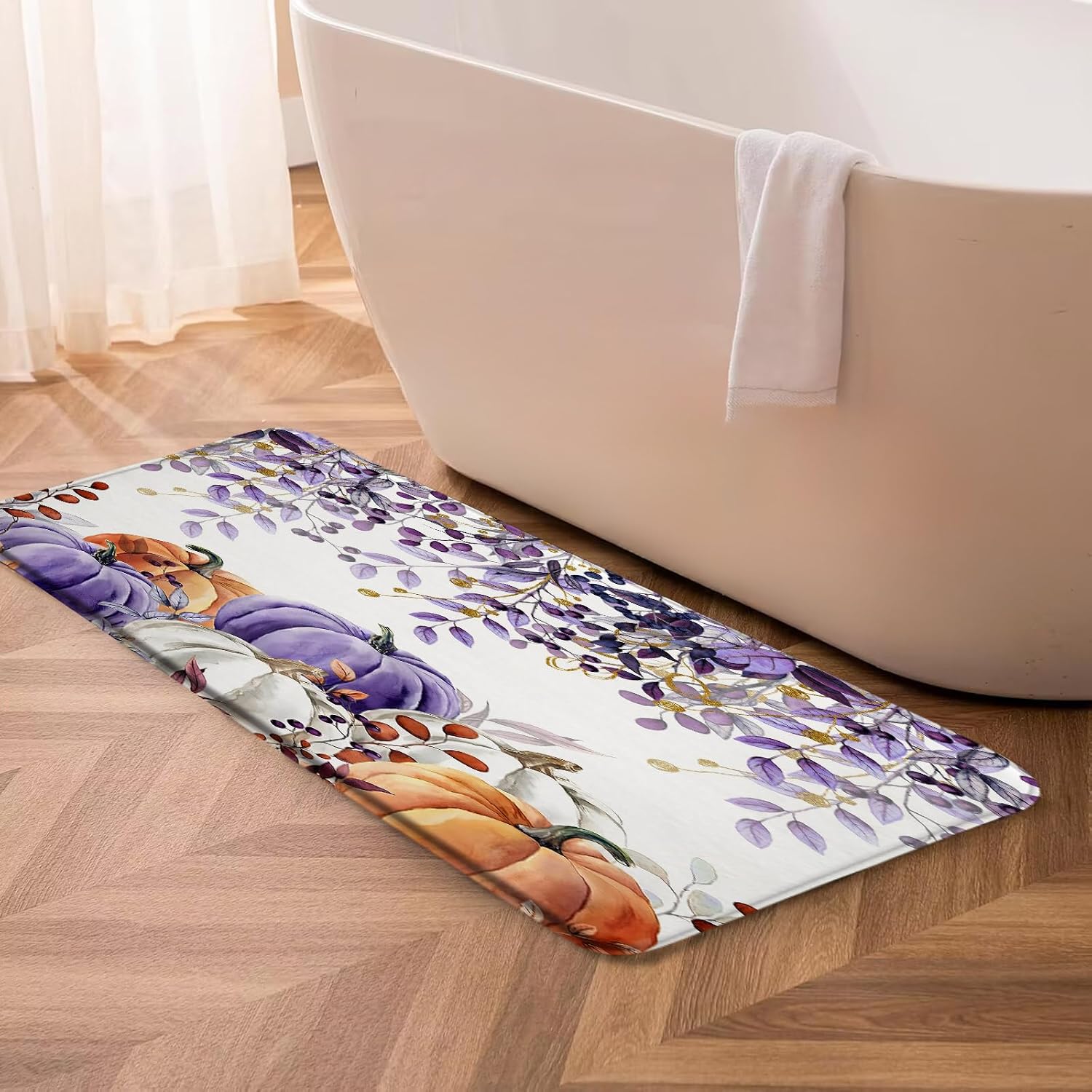 Fall Pumpkin Leaves Bath Mat Thanksgiving Autumn Maple Leaf Harvest Orange Pumpkins Seasonal,Purple 17.8"x29.5" Microfiber Memory Foam Bathroom Kitchen Toilet Floor Decor Mat