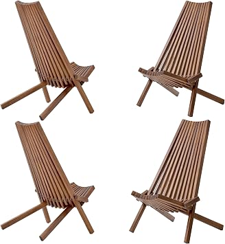 Wooden Patio Chairs Folding Garden Chairs Low Profile Acacia Solid Wood Outside Foldable Lounge Chair for Indoor Outdoor Handcrafted Patio Seating Fully Assembled Beach Yard Balcony Furniture 4-pc