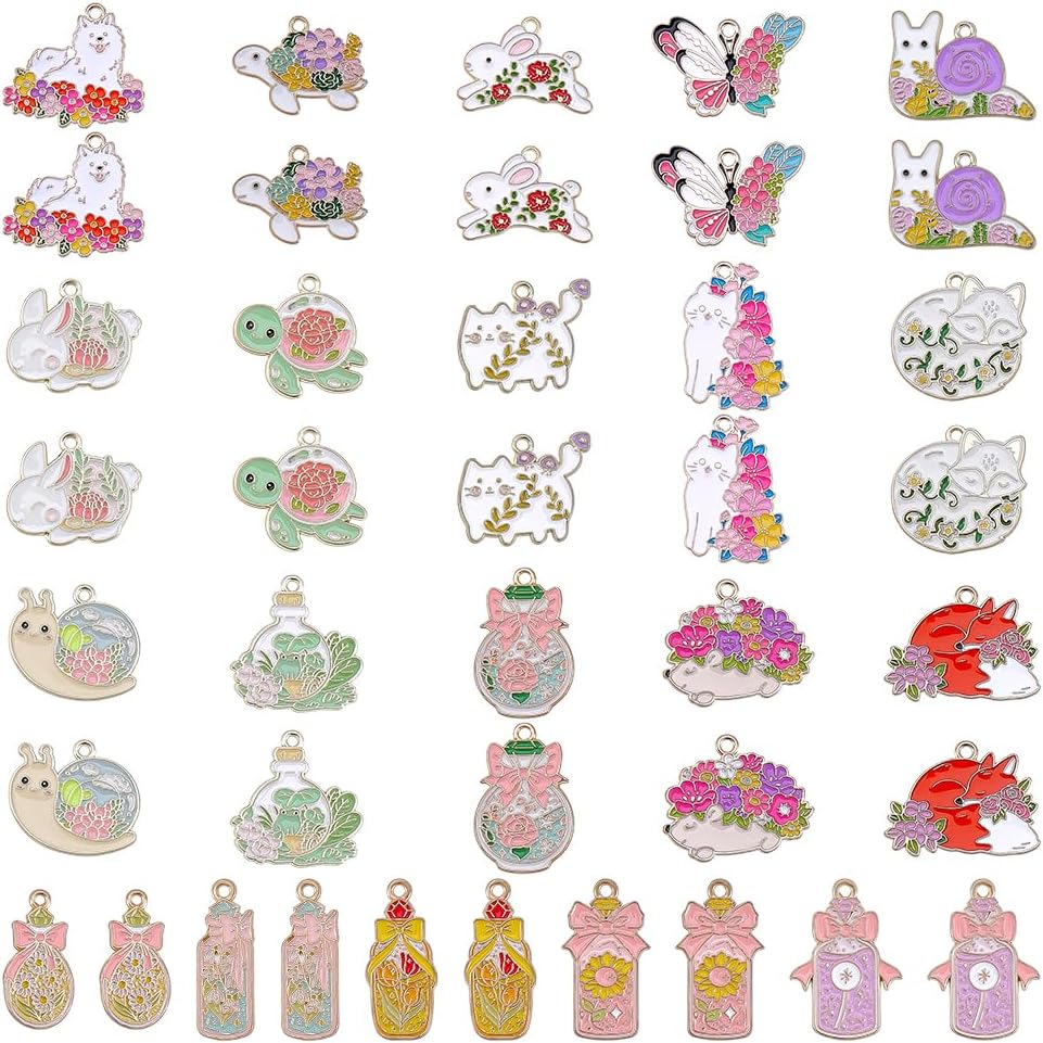 40Pcs 20 Styles Animal Charms Alloy Enamel Animal Charms Cute Rabbit Cat Dog Fox Snail Frog Charm Pendant Metal Charm Bulk for DIY Bracelet Necklace Jewelry Making Crafts Supplies