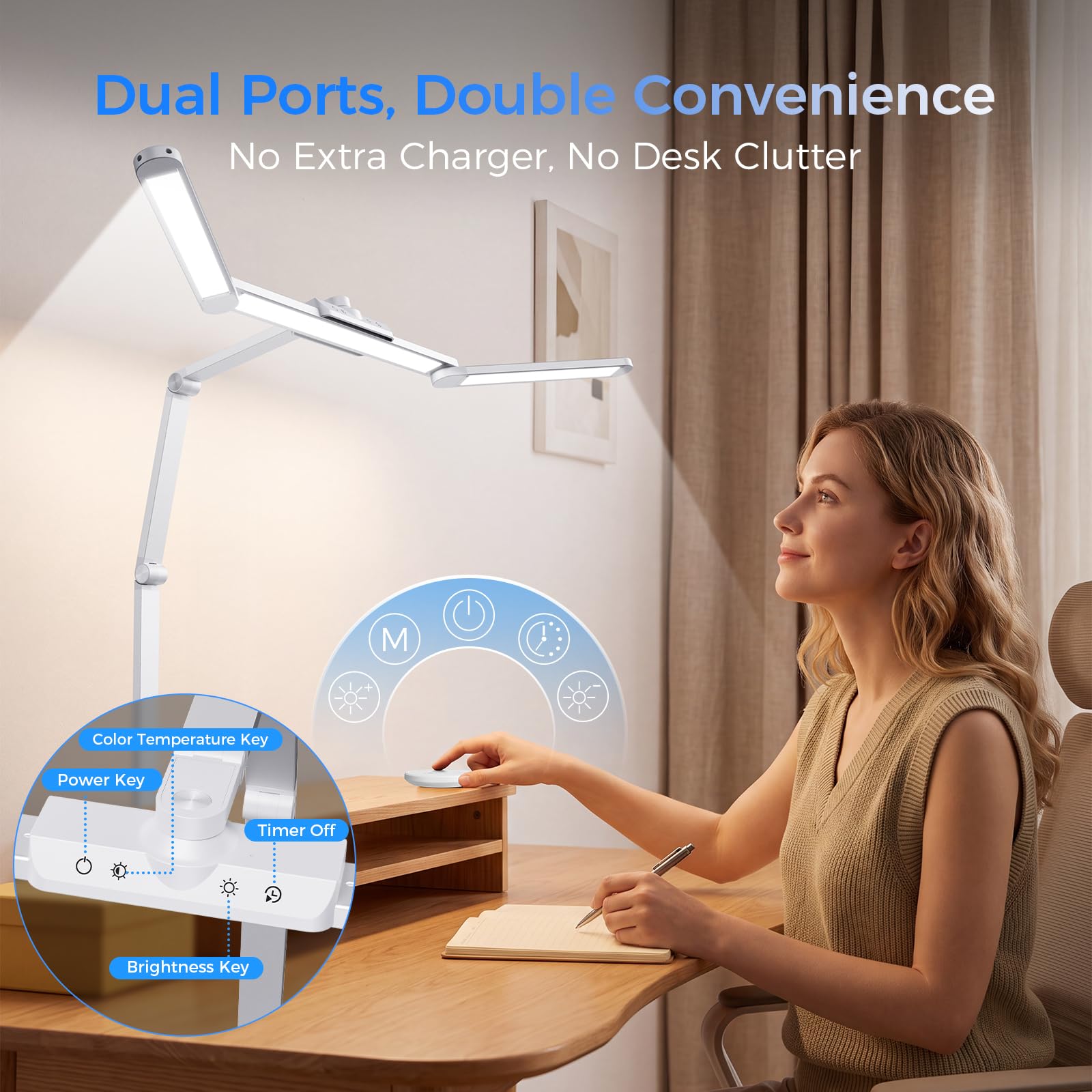 Lampara de Escritorio de LED 24W con Control Remoto - 1400LM 80CM LED Escritorio Ajuste de 360° con Pinza Luz Leer Puerto de carga USB para Estudiar, Oficina, Blanco