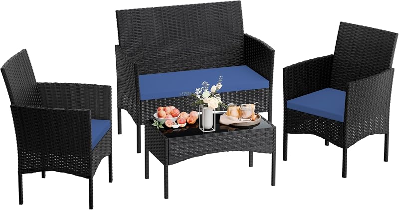 4 Pieces Patio Furniture Set Outdoor Conversation Set Rattan Furniture Set Wicker Chairs and Sofa with Glass Table for Porch Pool Backyard Garden,Navy Blue