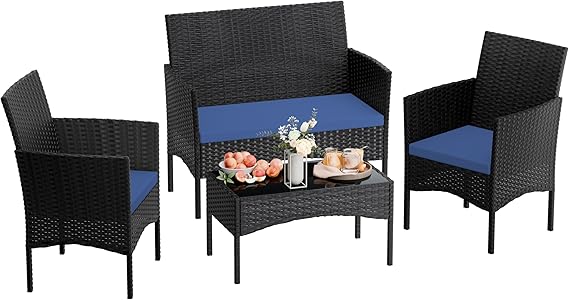 4 Pieces Patio Furniture Set Outdoor Conversation Set Rattan Furniture Set Wicker Chairs and Sofa with Glass Table for Porch Pool Backyard Garden,Navy Blue