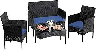 4 Pieces Patio Furniture Set Outdoor Conversation Set Rattan Furniture Set Wicker Chairs and Sofa with Glass Table for Porch Pool Backyard Garden,Navy Blue