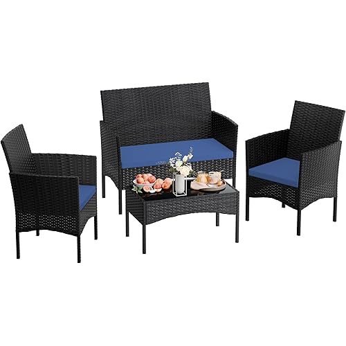 4 Pieces Patio Furniture Set Outdoor Conversation Set Rattan Furniture Set Wicker Chairs and Sofa with Glass Table for Porch Pool Backyard Garden,Navy Blue