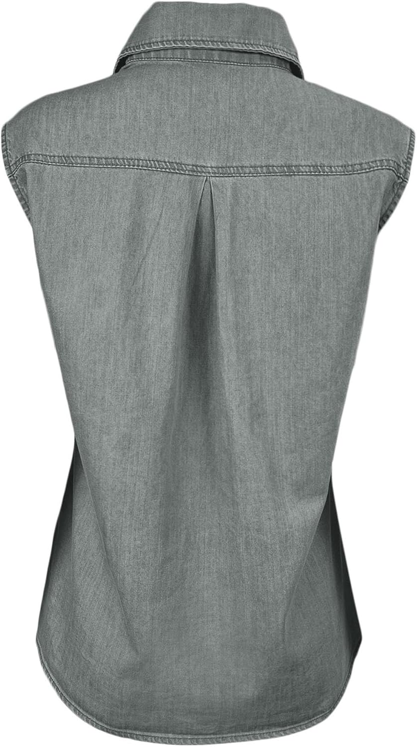 PRETTODAY Women's V Neck Denim Tank Top Button Down Sleeveless Shirts Collared Casual Blouse Tops - Image 4