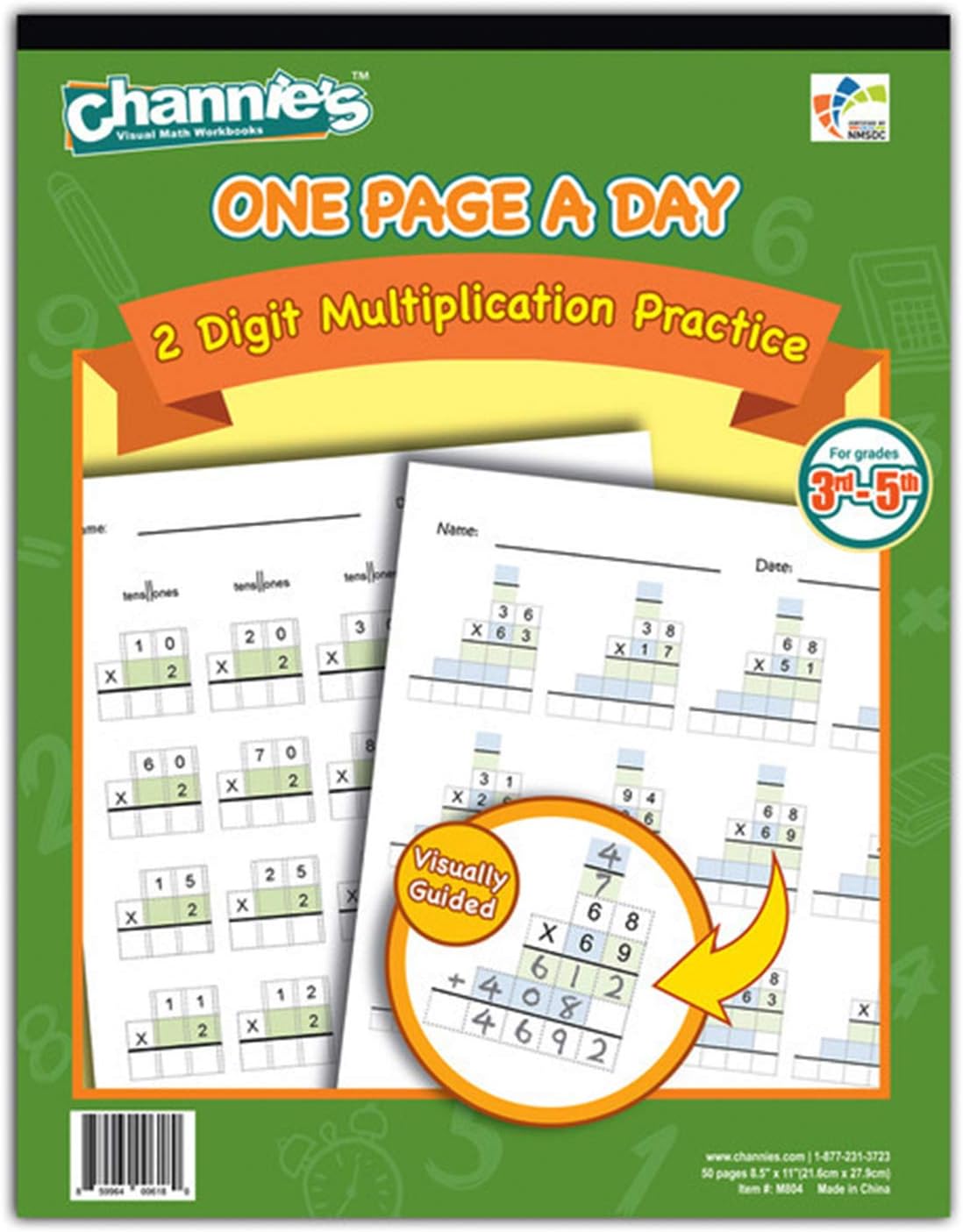 Channie’s One Page A Day Workbook, Double Digit Multiplication Math Practice Worksheets, 50 Pages, Grades 3rd, 4th, and 5th, Size 8.5” x 11”