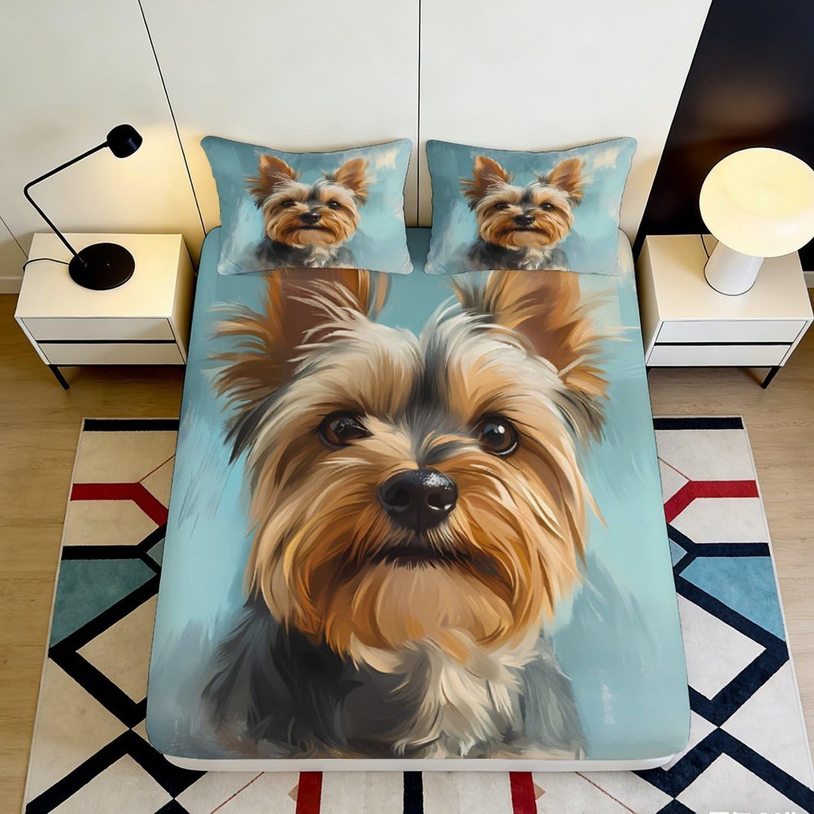3D Printed Yorkshire Terrier Fitted Sheet Microfiber Soft Breathable Dog Portrait Mattress Cover for Bedroom Dorm Decor 180x200x25cm
