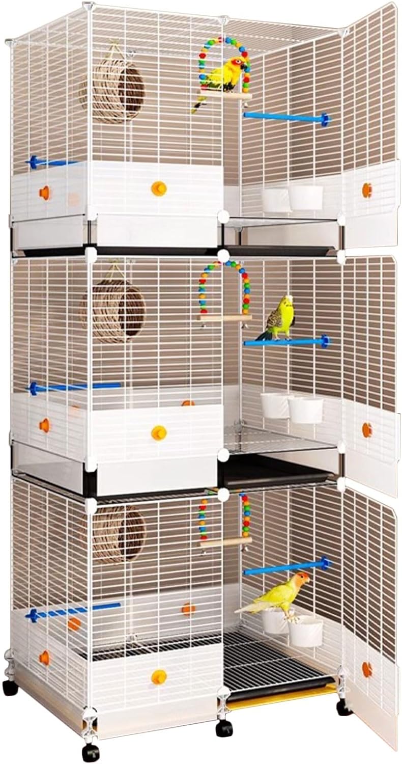 Großer Vogelkäfig für Sittiche, Nymphensittiche, Wellensittiche, Finken, Lovebirds und Kanarienvögel, 3-stufiger, rollender, stehender Haustierkäfig