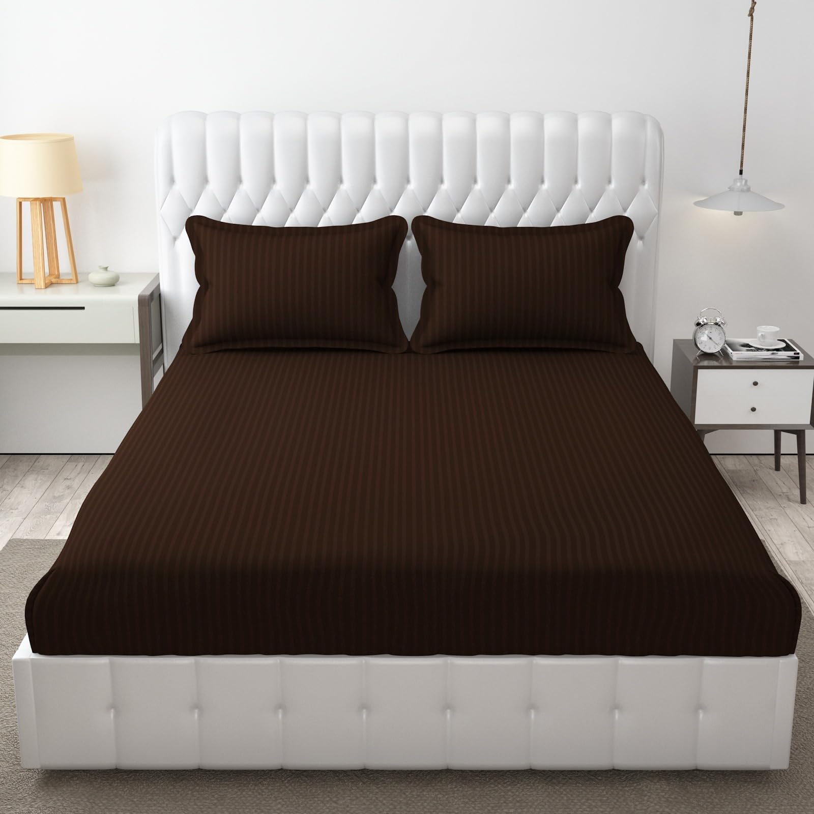 RSBS 250 TC Cotton Satin Double Queen Size Bedsheet with 2 Pillow Covers Plain Premium Platinum Superior Elegant Solid Stripes - 90 x 100 (Brown)
