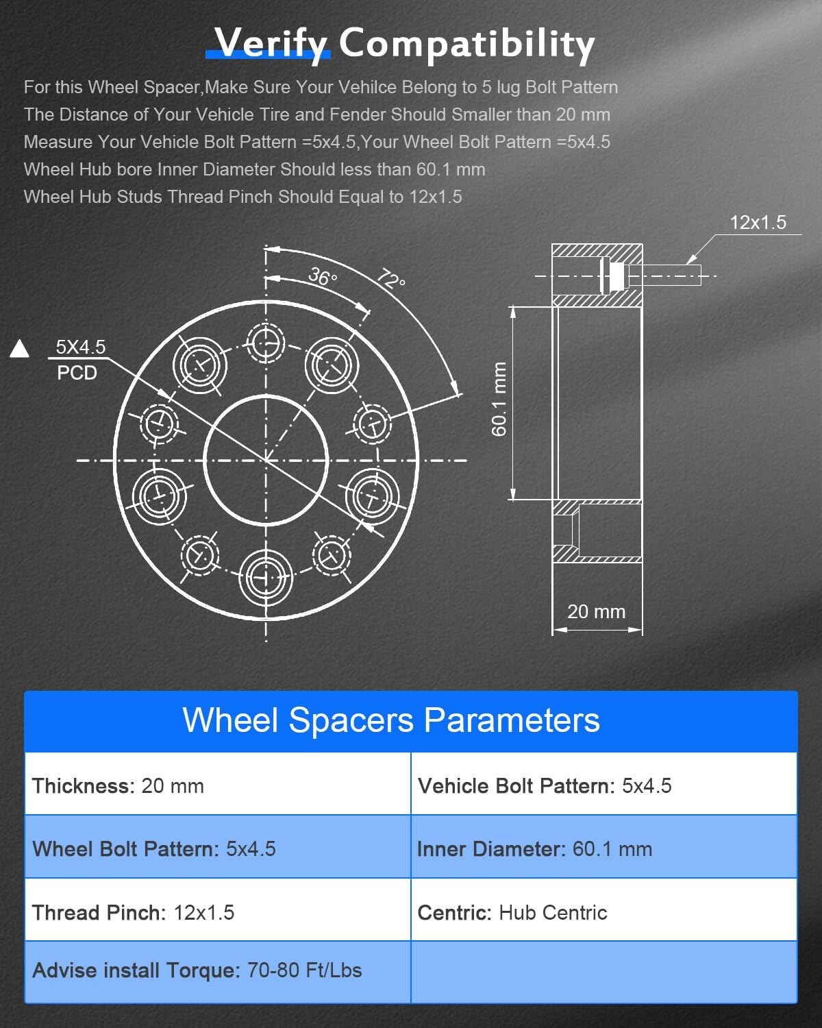 ECCPP 4PCS 5x4.5 to 5x4.5 Wheel Spacers Hub Centric 20mm 5 Lug 5x114.3mm with 12x1.5 60.1mm hub for Toyota for Camry 1995-2022| for Toyota for sienna 1998-2020| for Toyota for supra 1986-1998