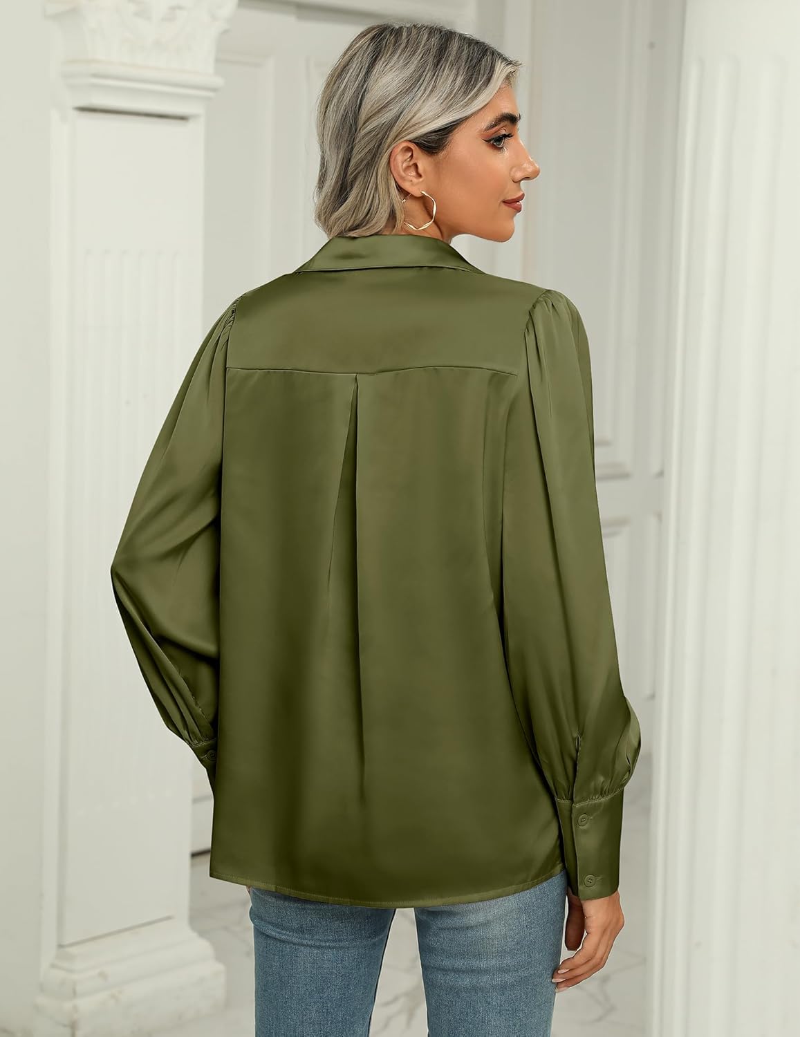 Zeagoo Womens Satin Blouse Lantern Long Sleeve Silk Button Down Shirt Dressy Casual Business Work Tunic Tops - Image 5