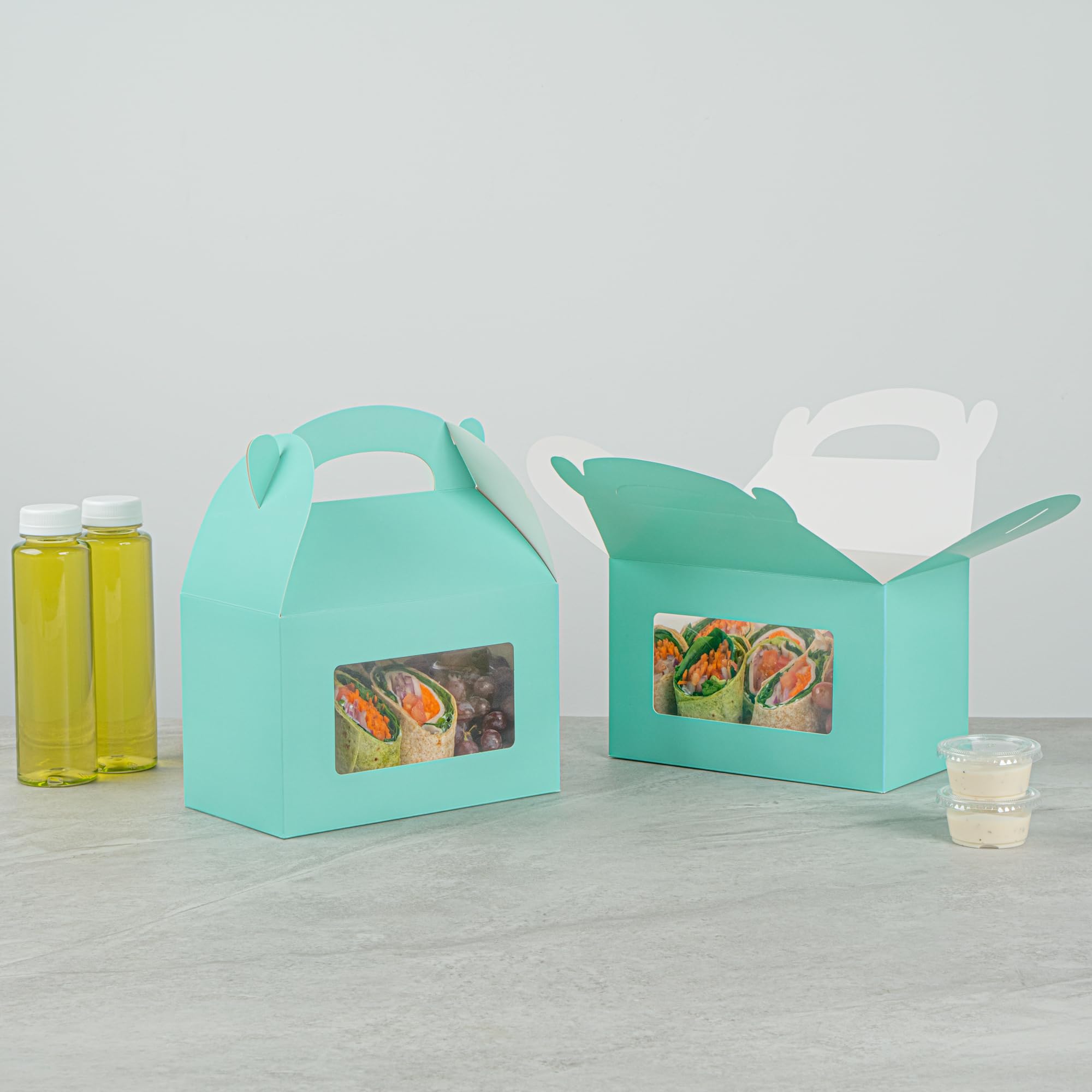 Restaurantware Bio Tek - Cajas a dos aguas de 8.5 x 4.8 x 5.5 pulgadas para recuerdos de fiesta, 100 atractivas cajas de regalo, ventana de PET transparente, con asa integrada, cajas de granero de