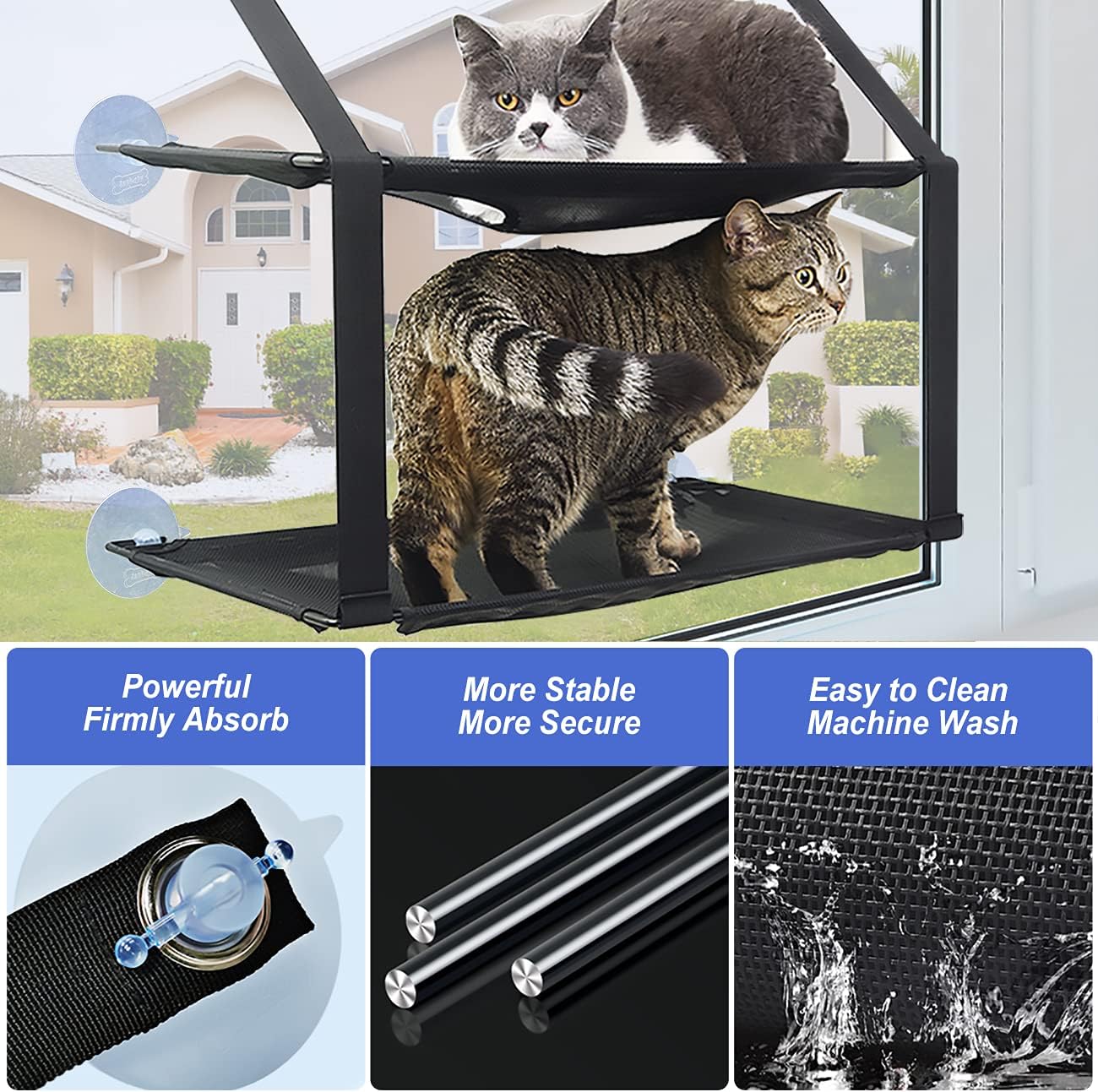 Cat Window Perch Cat Hammock Windows Seat Double for Large Cat Space Saving Window Mounted Cat Bed Durable Safety Cat Perch with 6 Suctions Cups Suit for Large and Small Cat Size