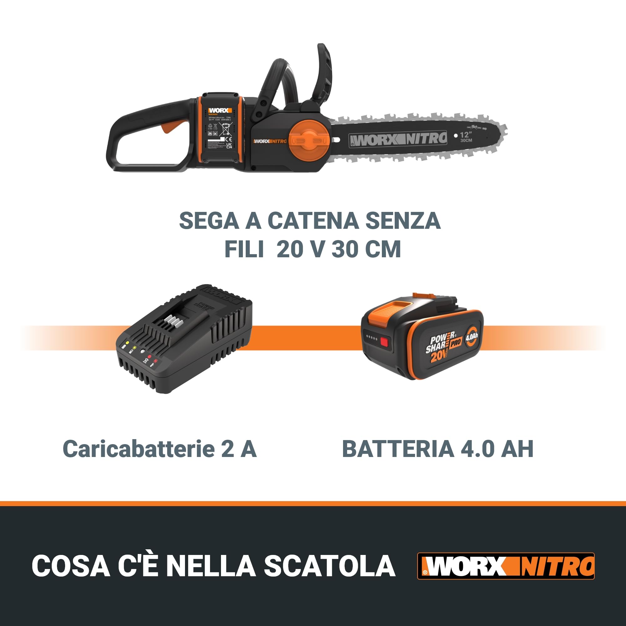 WORX Nitro WG350E motosega a batteria 20 V – potente sega per legno – 10 m/s – lunghezza di taglio 30 cm – compatta e sicura – lubrificazione automatica