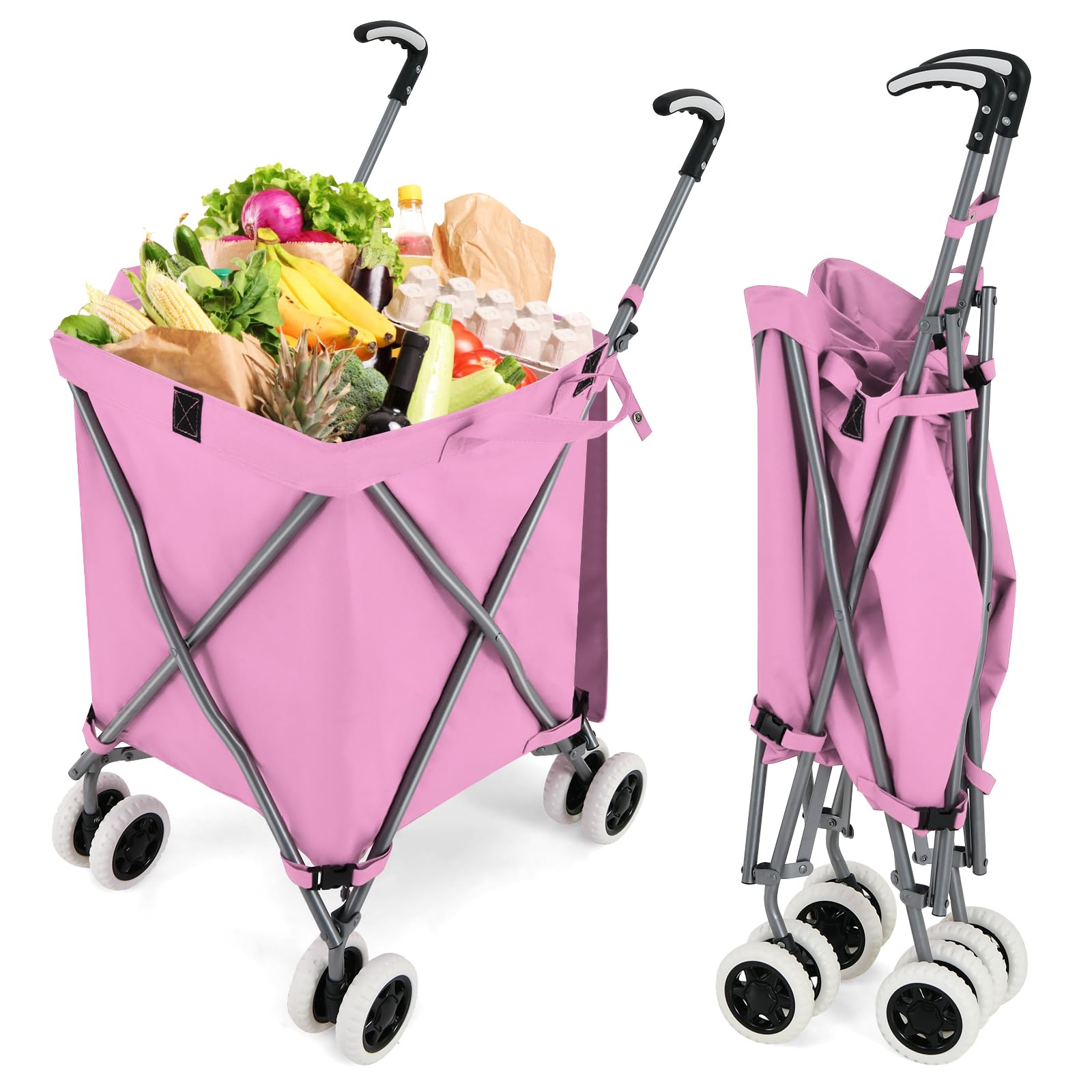 COSTWAY 90L Folding Shopping Trolley, 8-Wheel Large Utility Push Cart with Removable Waterproof Bag and Cover, Metal Lightweight Rolling Grocery Trolley for Mobility (Pink)