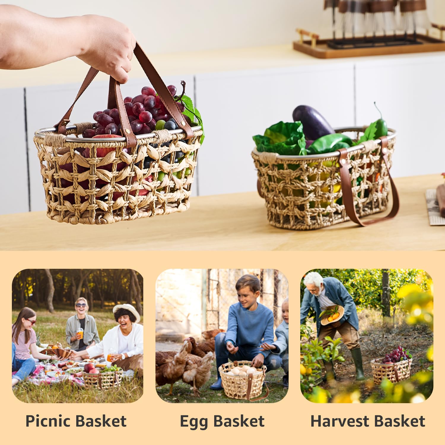 Cestas de huevos de jacinto de agua de granja para recoger huevos frescos, cesta de mimbre hecha a mano, cesta de almacenamiento ovalada con asa, cesta de picnic, cesta de cosecha