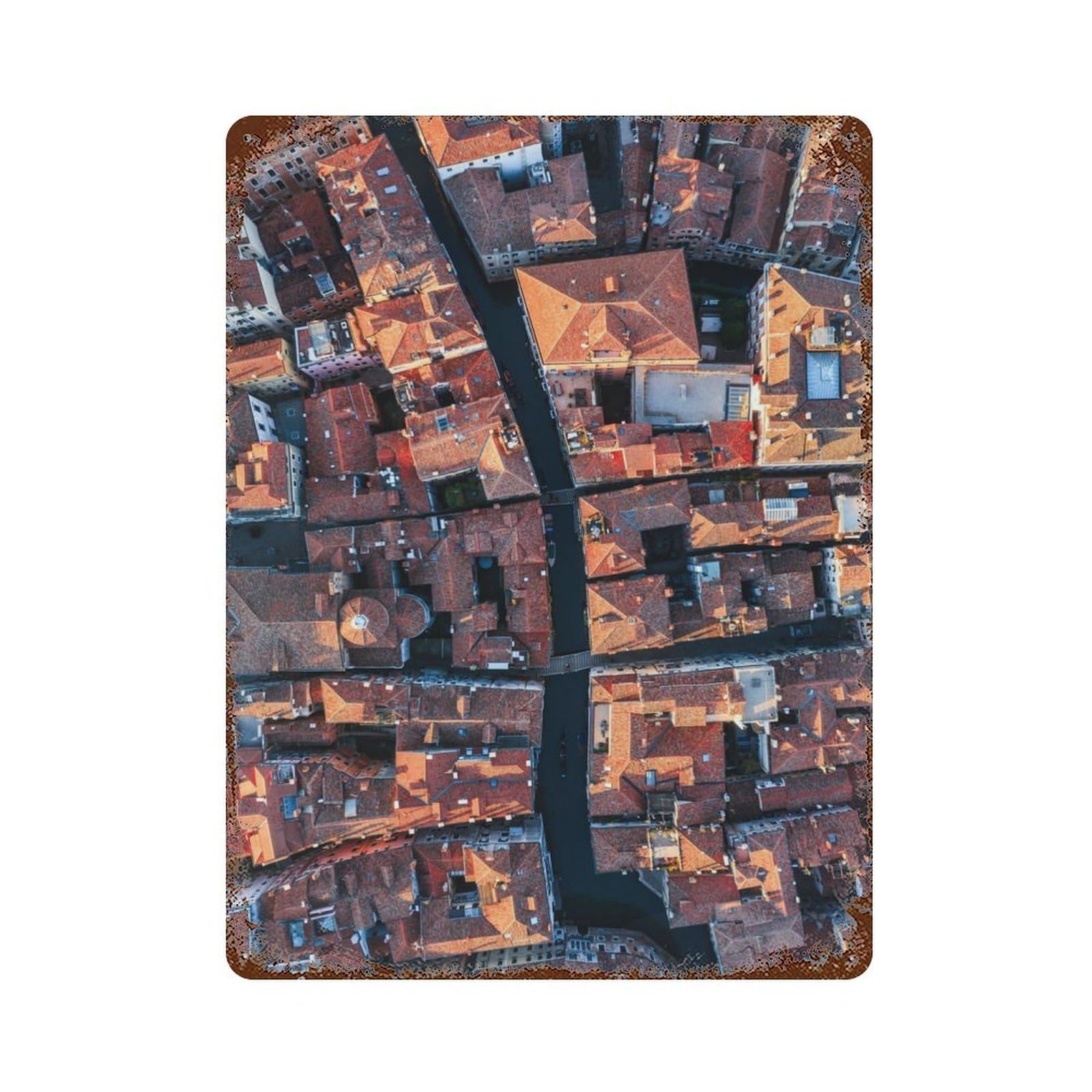 Weathered Tin Sign with Streets of Venice Design 15.7"x11.8", for Basement, Hobby Room And Garage Decor, Industrial Home Decor
