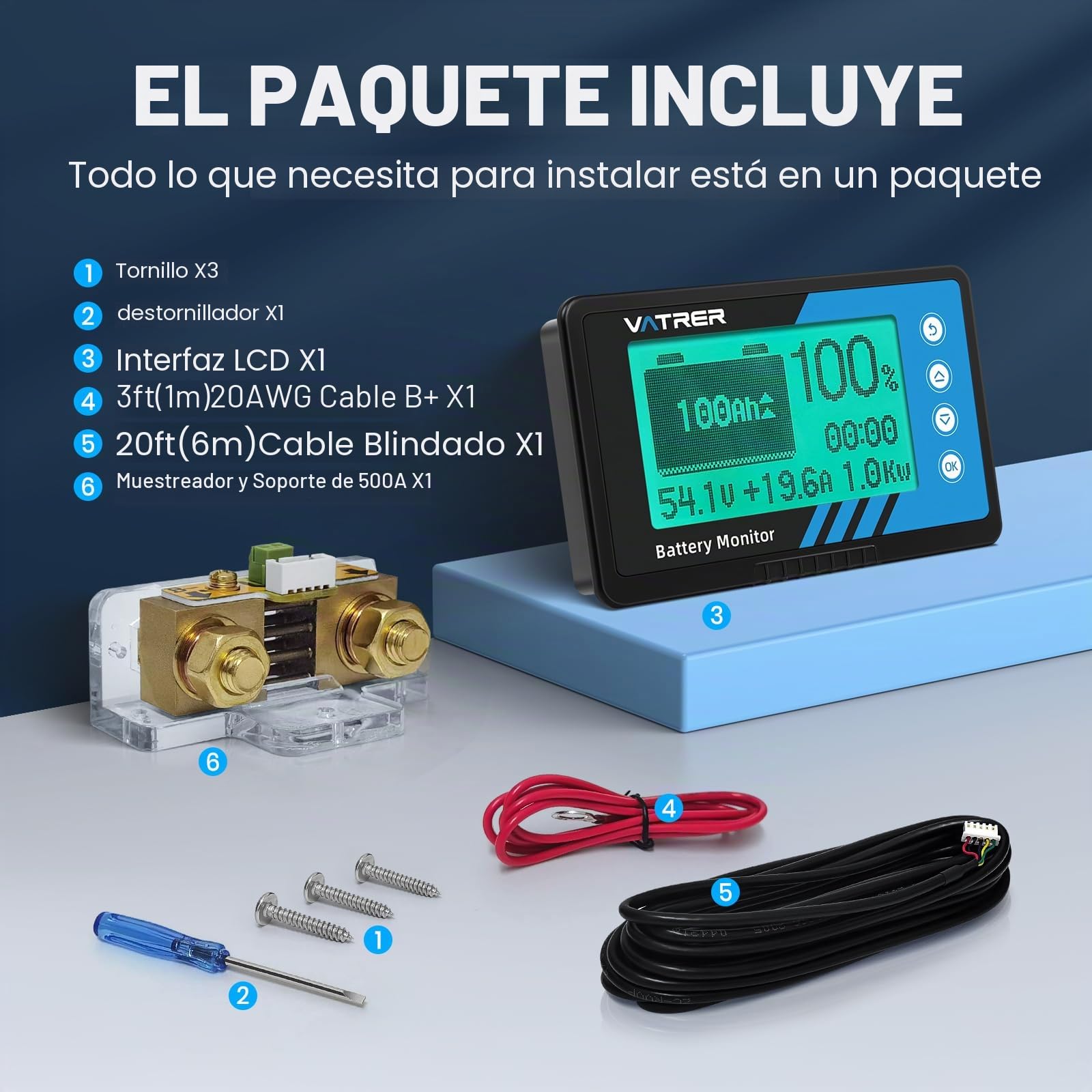VATRER POWER Monitor Batería 500A Shunt 8-120V LCD Alarma | Monitor 500A shunt 8-120V, LCD con alarma, compatible litio/plomo para RV y carritos golf