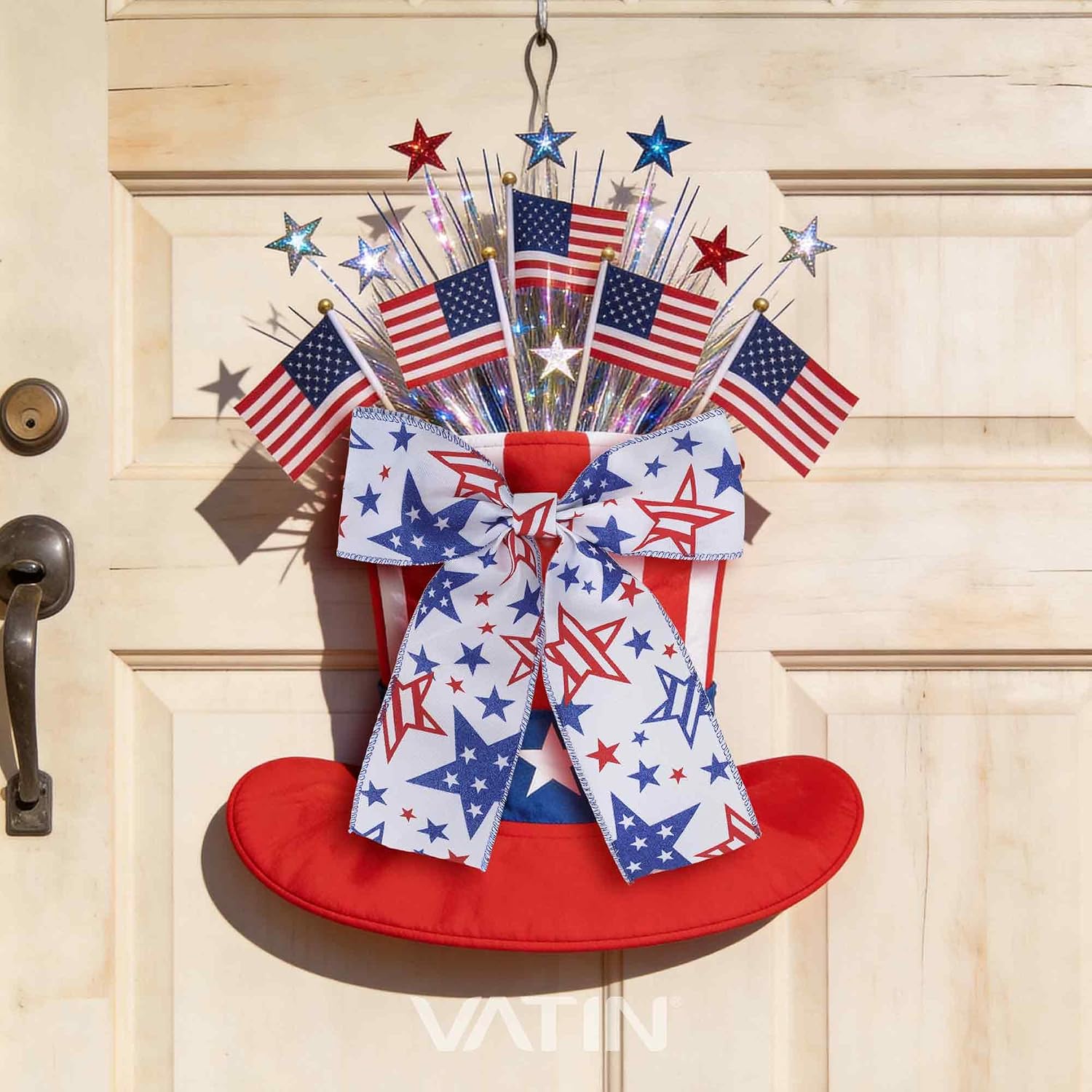 VATIN 4th of July Ribbon with Red & Blue Glitter Star Print, 2.5 Inch x 10 Yards, Patriotic Ribbon Perfect for 4th of July, Independence Day, Memorial Day, Flag Day, Party Decorations