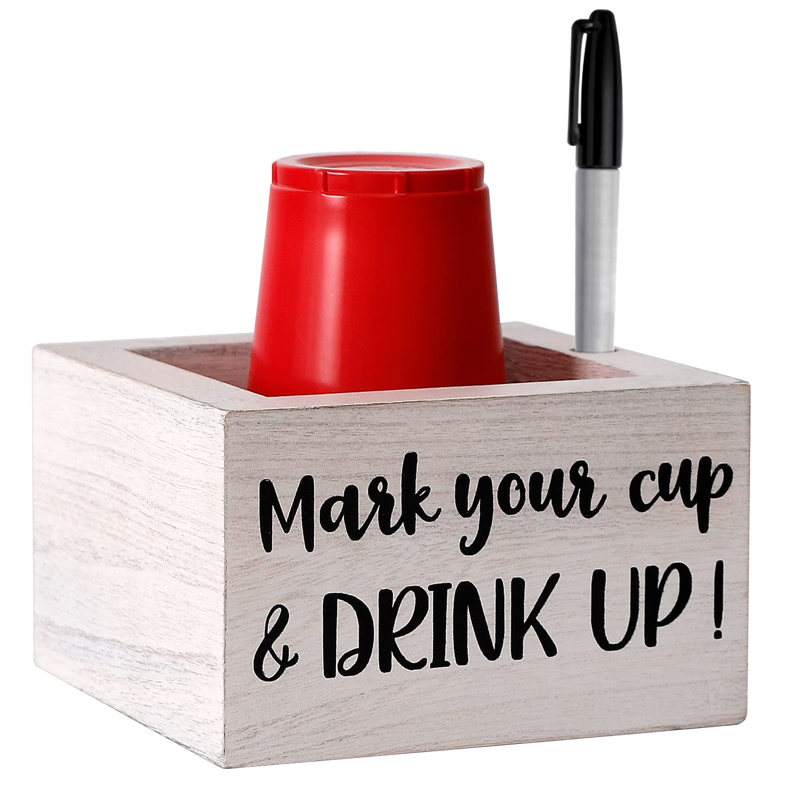 Single Cup Holder with Marker Slot Wooden Mark Your Cup and Drink Up Cup Holder Party Cup Organizer 2 Sides Designs Drink Dispensers for Parties Farmhouse Bar Party Decor Housewarming Hostess